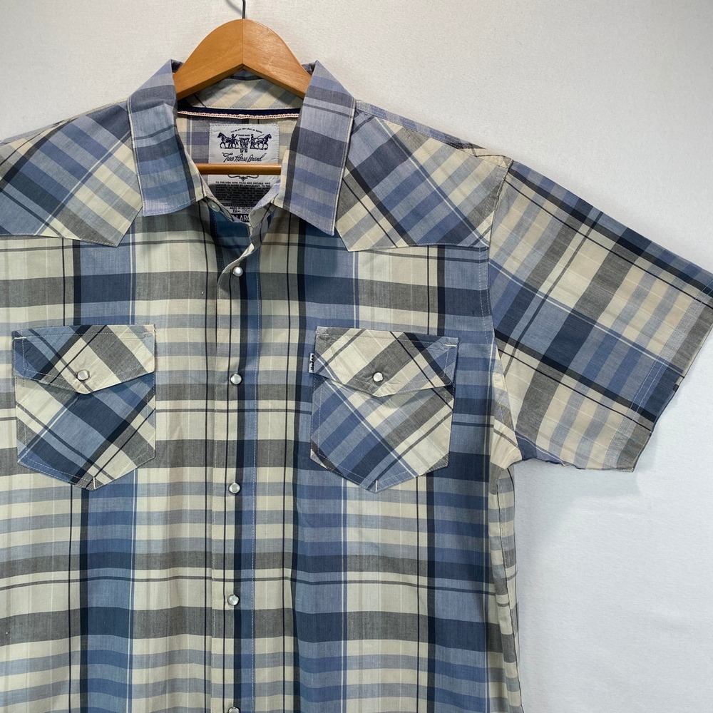 Levi Strauss Two Horse Brand Western Shirt Mens XL Blue Plaid Snap Short Sleeve